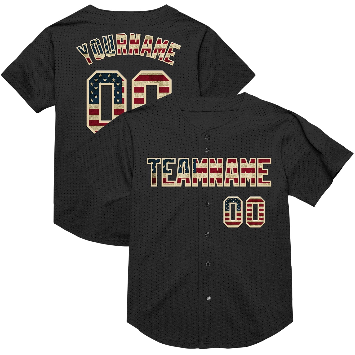 Custom Black Vintage USA Flag-Cream Mesh Authentic Throwback Baseball Jersey - Main View