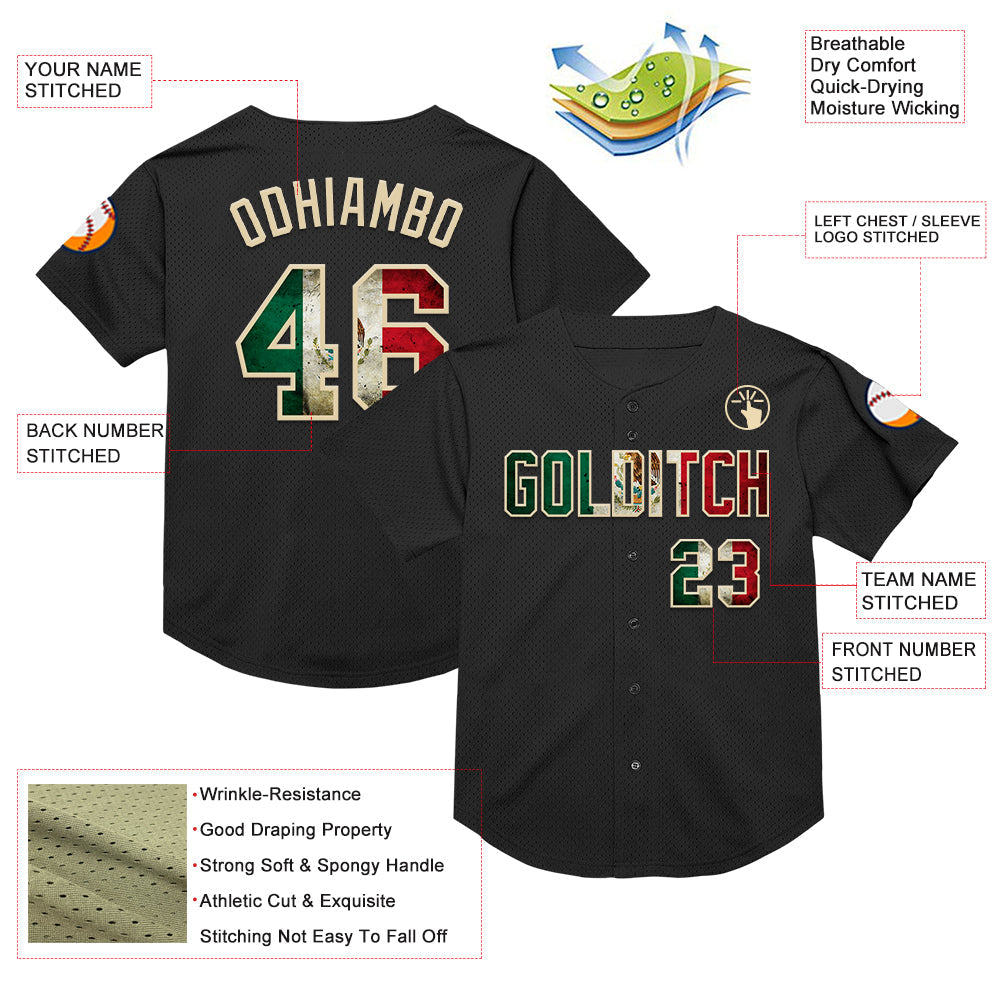 Custom Black Vintage Mexican Flag-Cream Mesh Authentic Throwback Baseball Jersey view 3