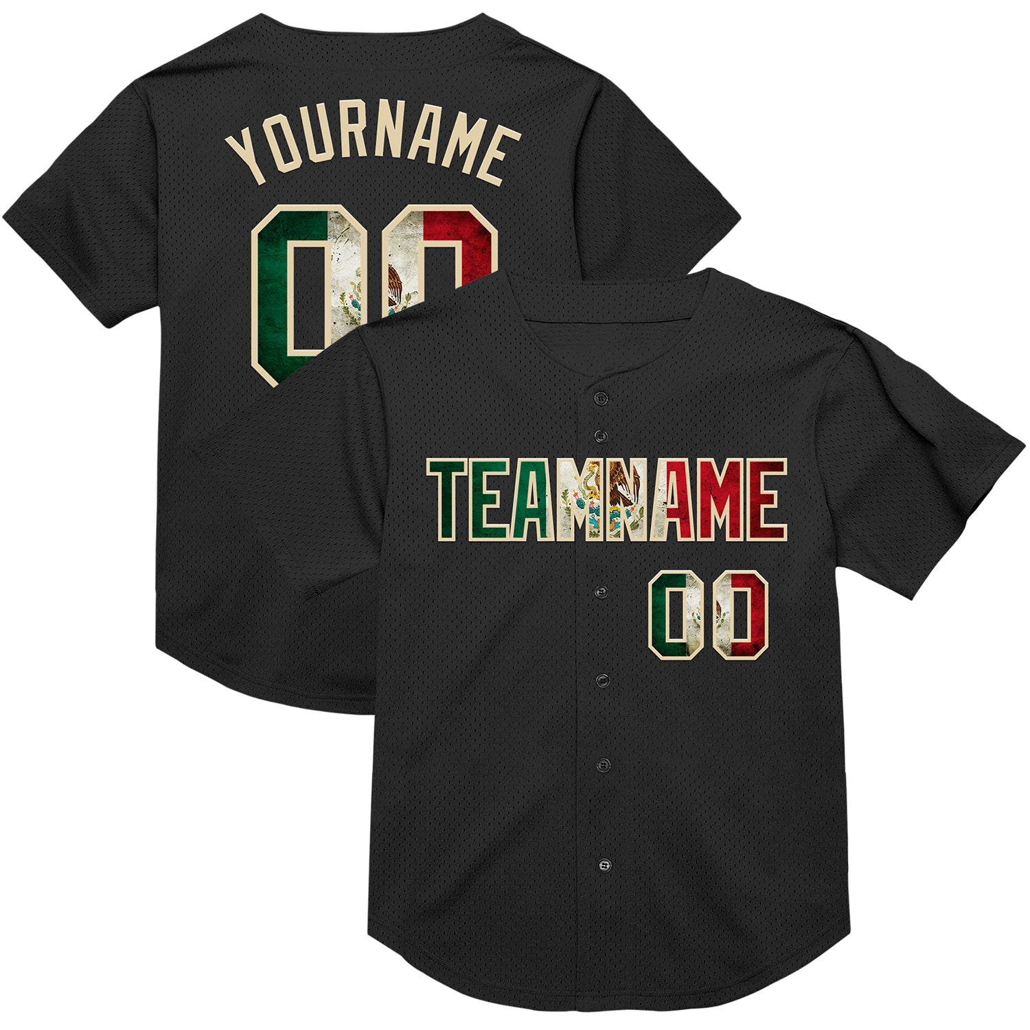 Custom Black Vintage Mexican Flag-Cream Mesh Authentic Throwback Baseball Jersey - Main View