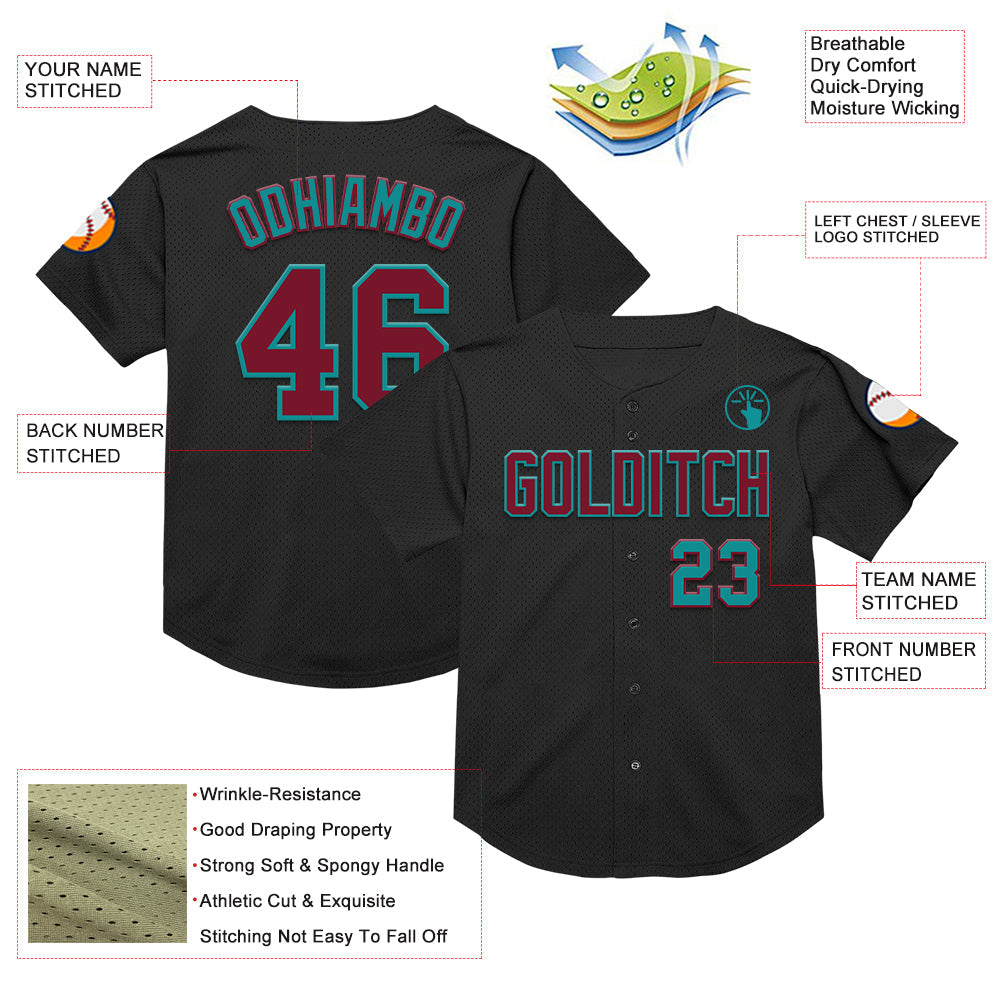 Custom Black Crimson-Teal Mesh Authentic Throwback Baseball Jersey view 3