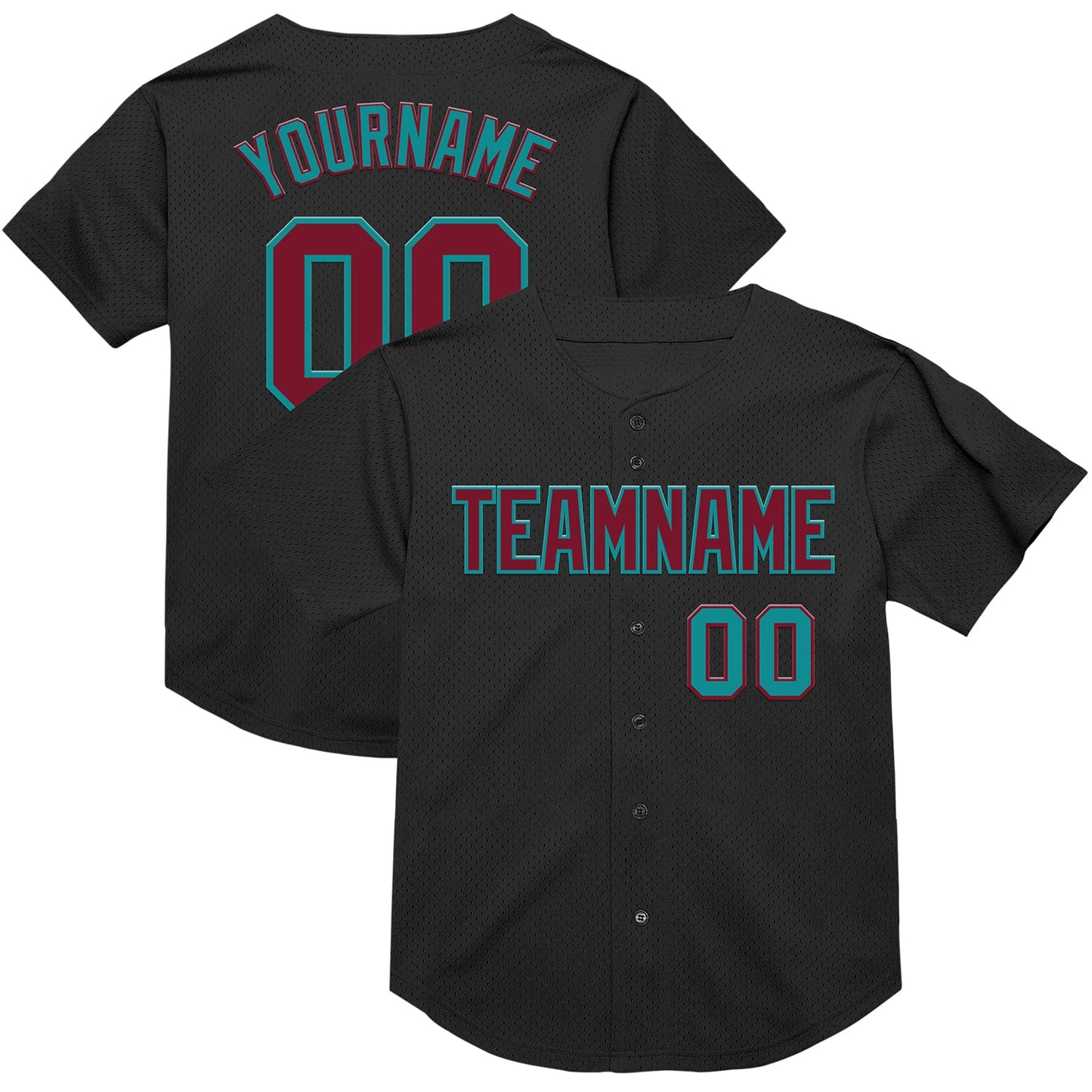 Custom Black Crimson-Teal Mesh Authentic Throwback Baseball Jersey - Main View
