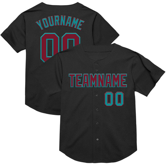 Custom Black Crimson-Teal Mesh Authentic Throwback Baseball Jersey - Main View