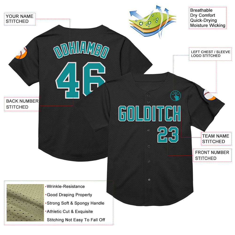 Custom Black Teal-White Mesh Authentic Throwback Baseball Jersey view 3