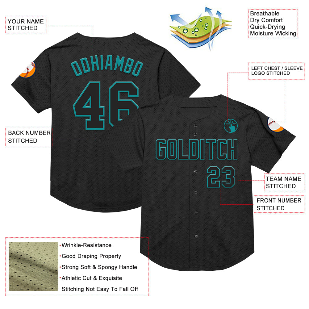 Custom Black Teal Mesh Authentic Throwback Baseball Jersey view 3