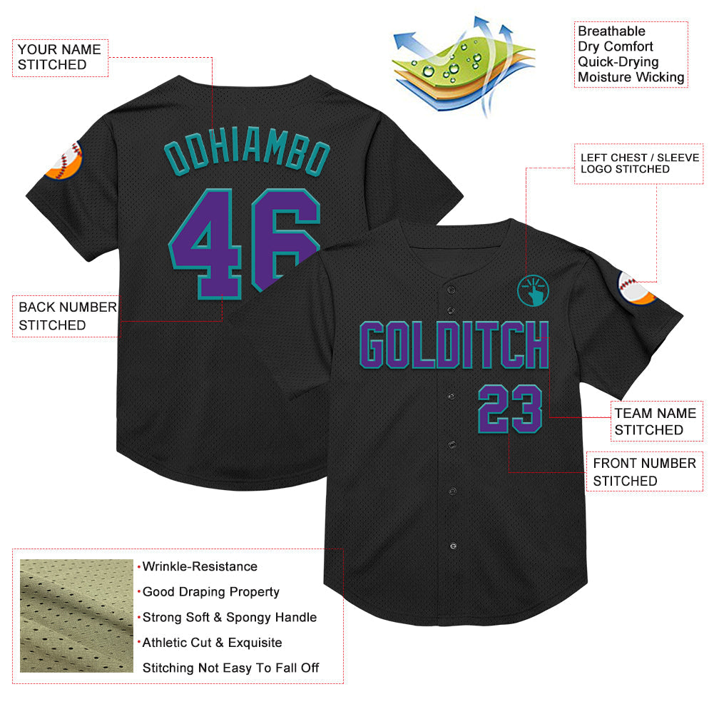 Custom Black Purple-Teal Mesh Authentic Throwback Baseball Jersey view 3