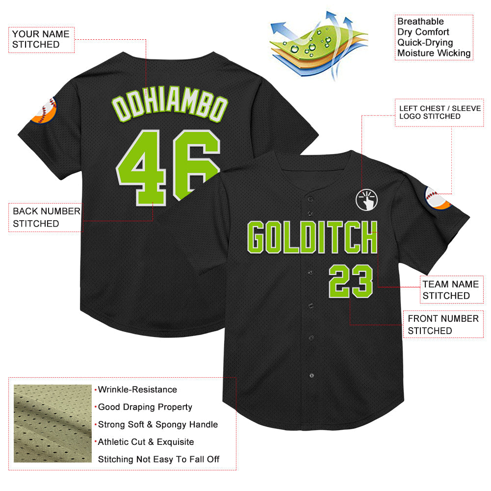 Custom Black Neon Green-White Mesh Authentic Throwback Baseball Jersey view 3