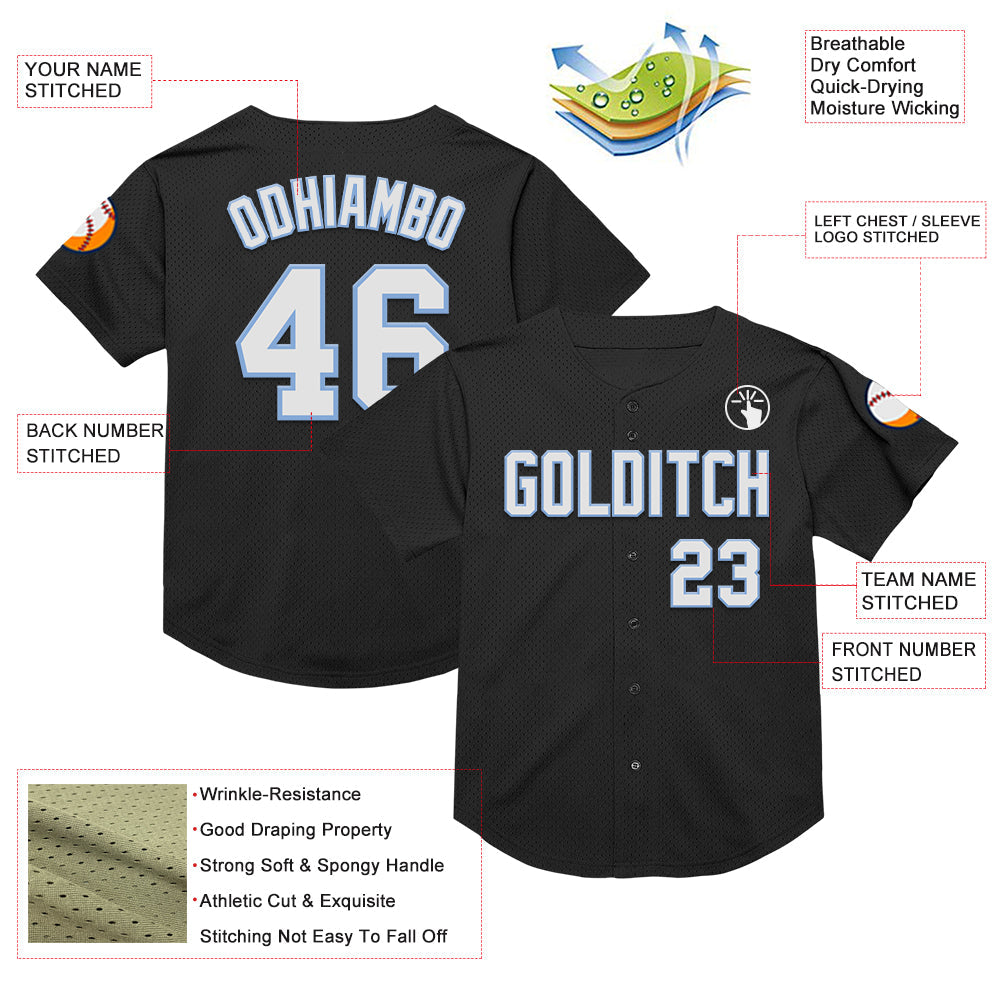 Custom Black White-Light Blue Mesh Authentic Throwback Baseball Jersey view 3