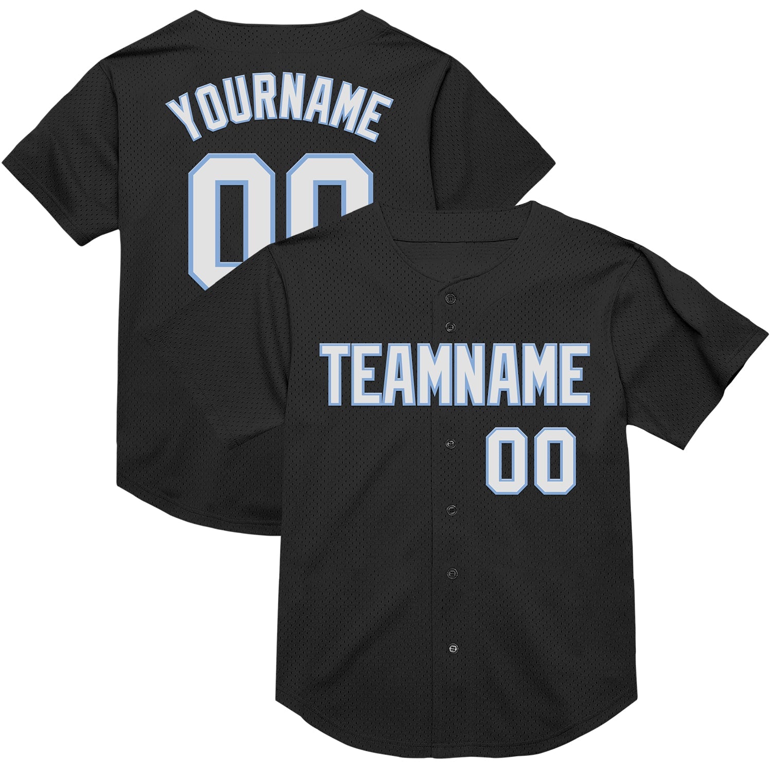 Custom Black White-Light Blue Mesh Authentic Throwback Baseball Jersey - Main View