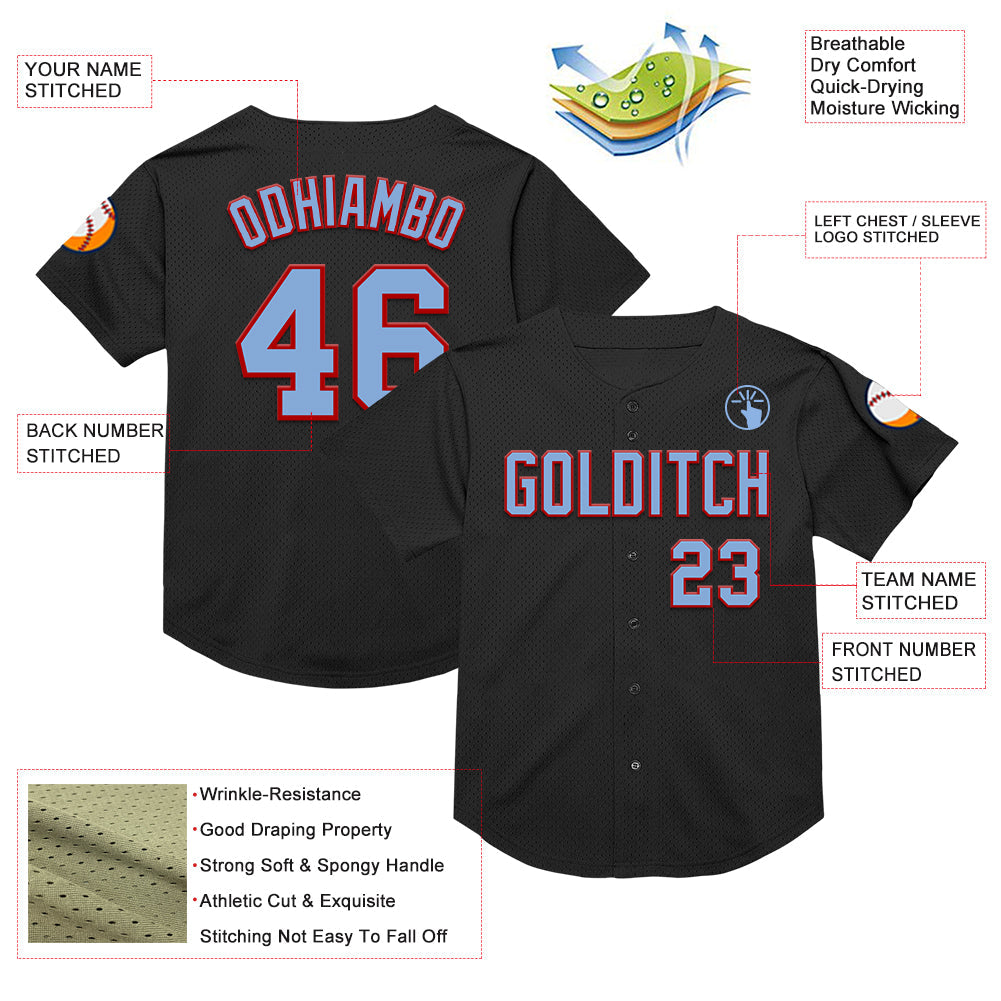 Custom Black Light Blue-Red Mesh Authentic Throwback Baseball Jersey view 3
