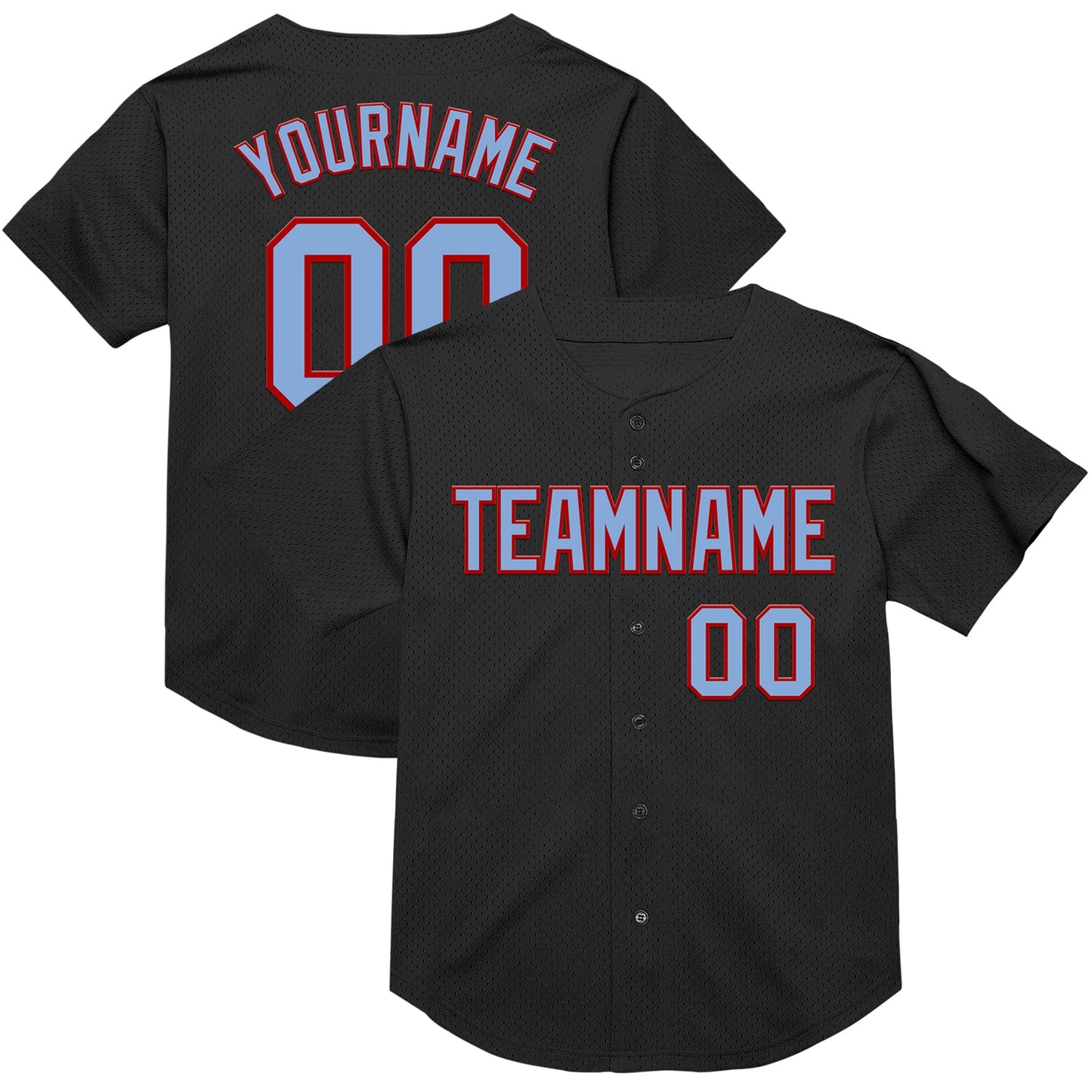 Custom Black Light Blue-Red Mesh Authentic Throwback Baseball Jersey - Main View