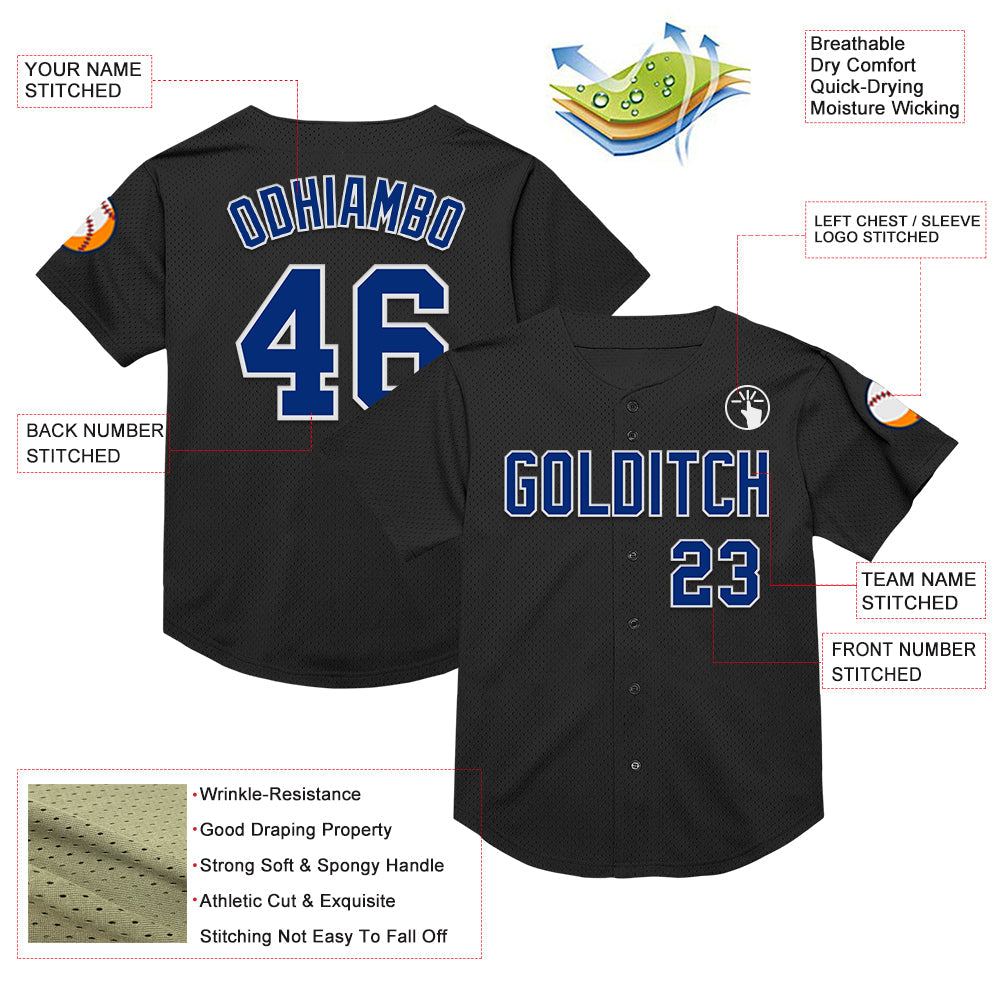 Custom Black Royal-White Mesh Authentic Throwback Baseball Jersey view 3