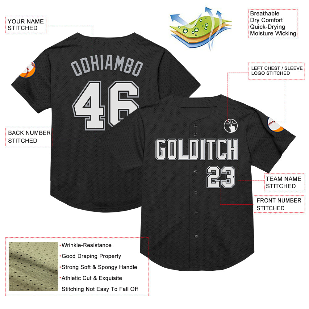 Custom Black White-Gray Mesh Authentic Throwback Baseball Jersey view 3