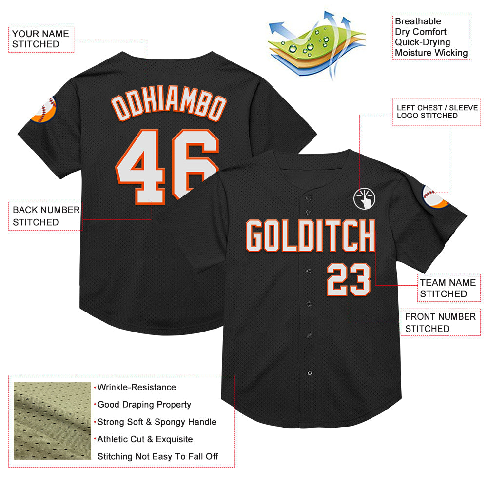 Custom Black White-Orange Mesh Authentic Throwback Baseball Jersey view 3