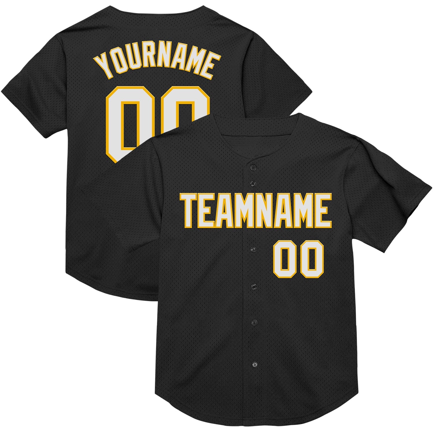 Custom Black White-Gold Mesh Authentic Throwback Baseball Jersey - Main View