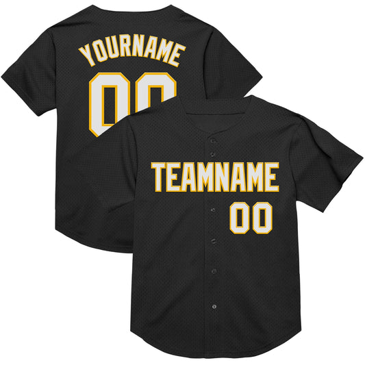 Custom Black White-Gold Mesh Authentic Throwback Baseball Jersey - Main View