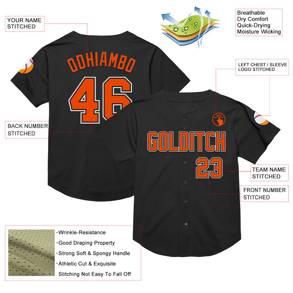 Custom Black Orange-White Mesh Authentic Throwback Baseball Jersey view 3