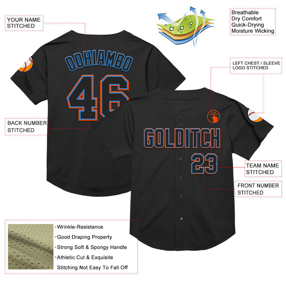 Custom Black Electric Blue-Orange Mesh Authentic Throwback Baseball Jersey view 3