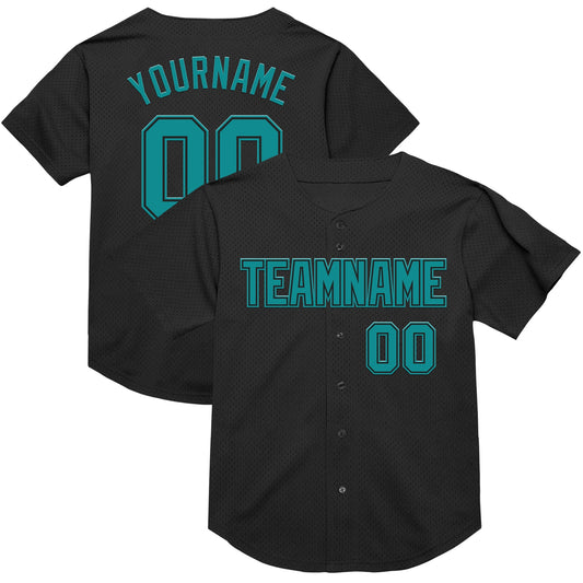 Custom Black Teal Mesh Authentic Throwback Baseball Jersey - Main View