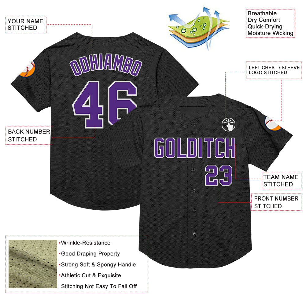 Custom Black Purple-White Mesh Authentic Throwback Baseball Jersey view 3