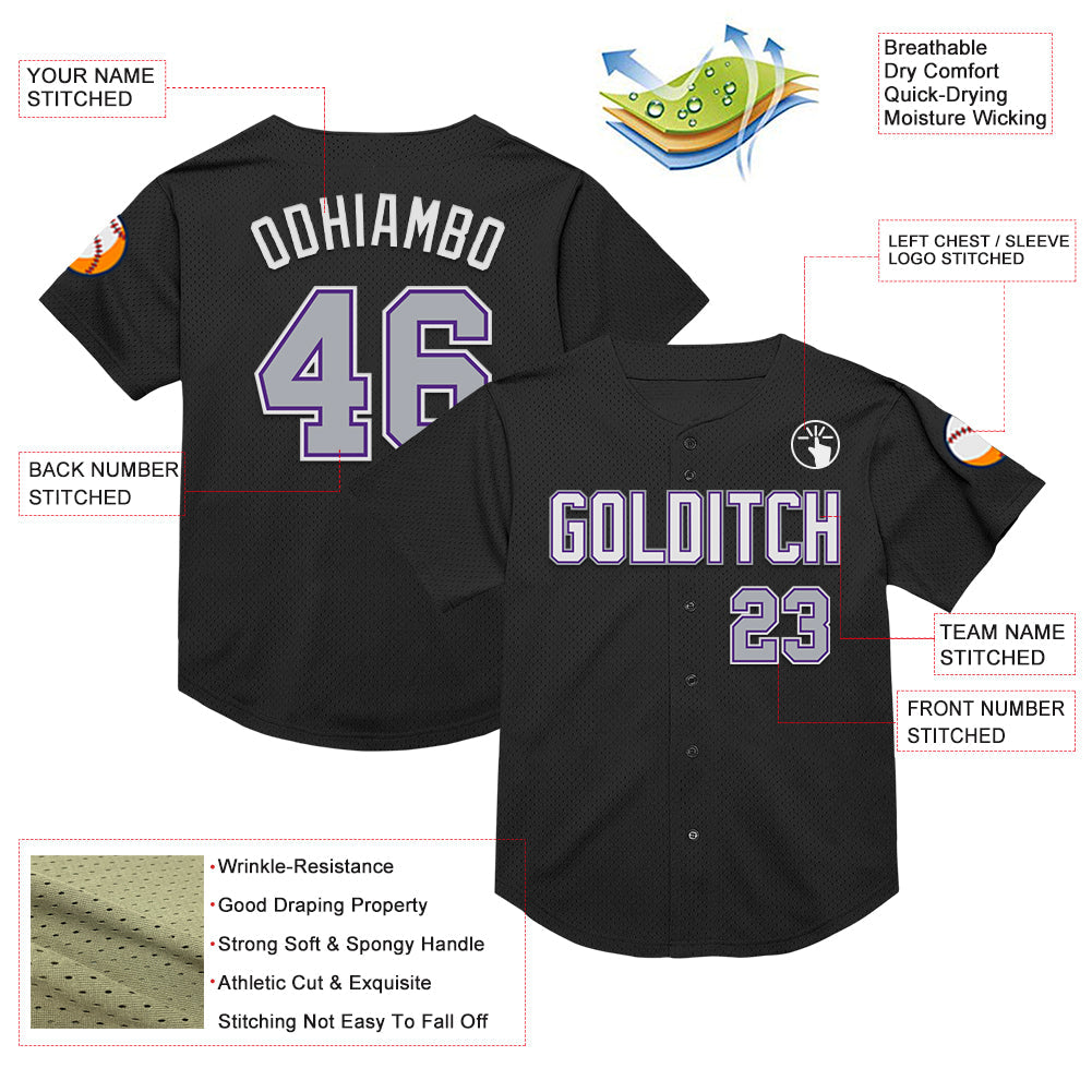 Custom Black Gray-Purple Mesh Authentic Throwback Baseball Jersey view 3