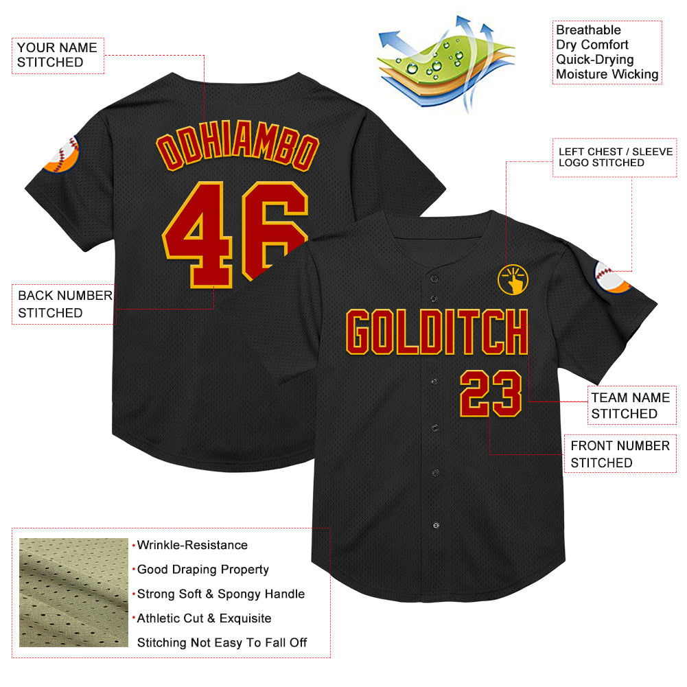 Custom Black Red-Gold Mesh Authentic Throwback Baseball Jersey view 3