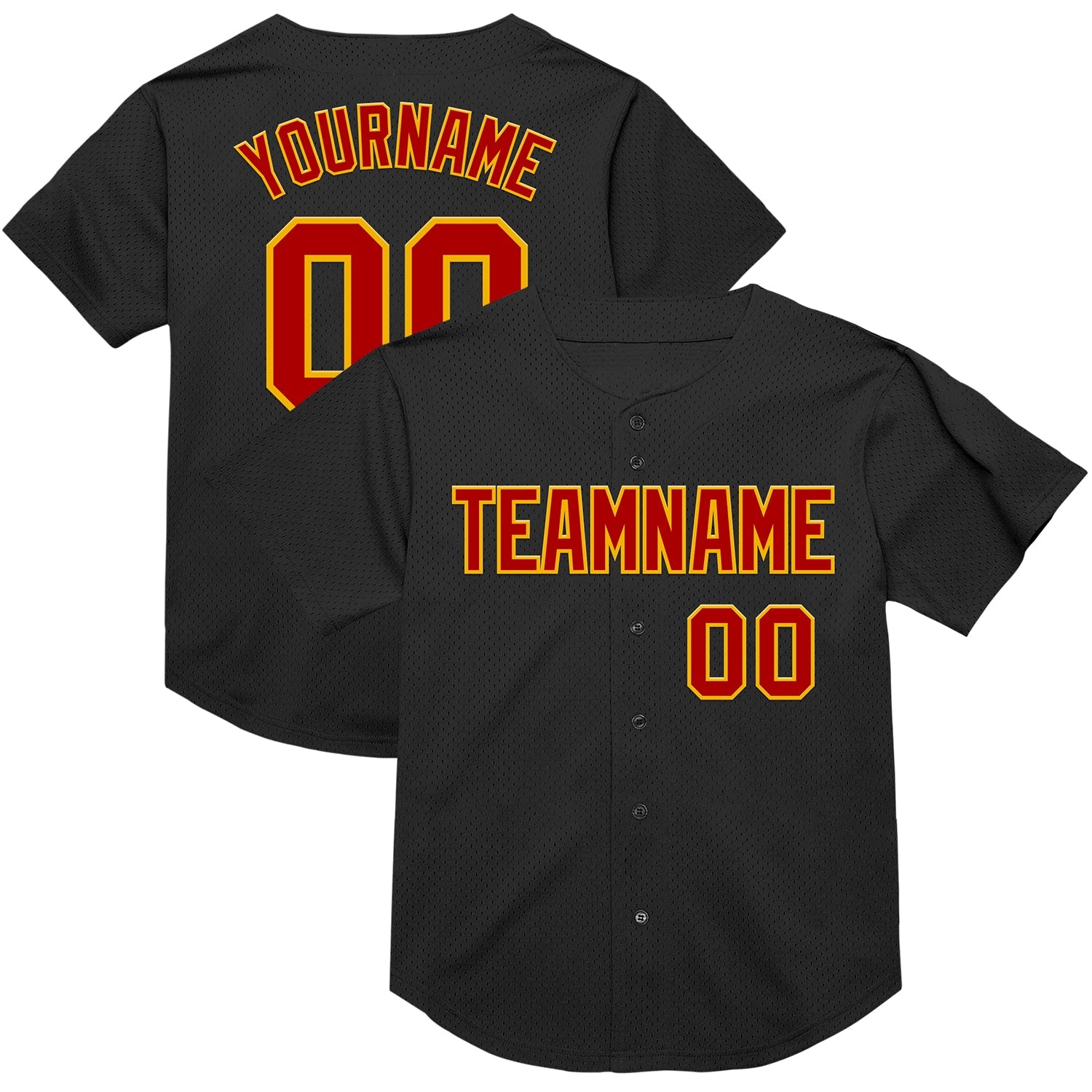 Custom Black Red-Gold Mesh Authentic Throwback Baseball Jersey - Main View