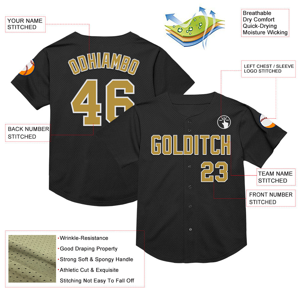 Custom Black Old Gold-White Mesh Authentic Throwback Baseball Jersey view 3