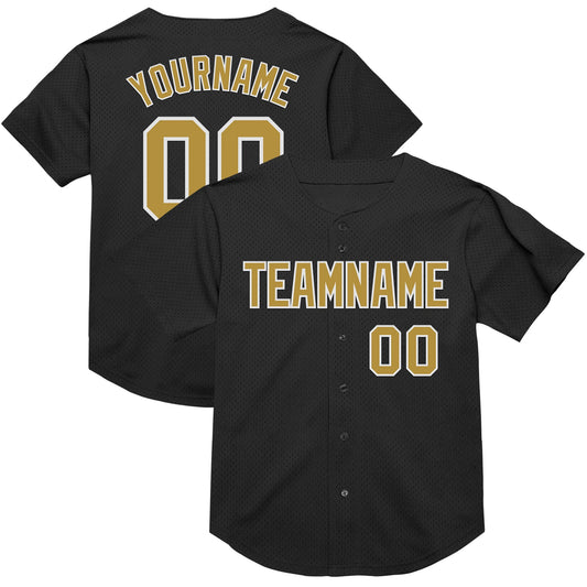 Custom Black Old Gold-White Mesh Authentic Throwback Baseball Jersey - Main View