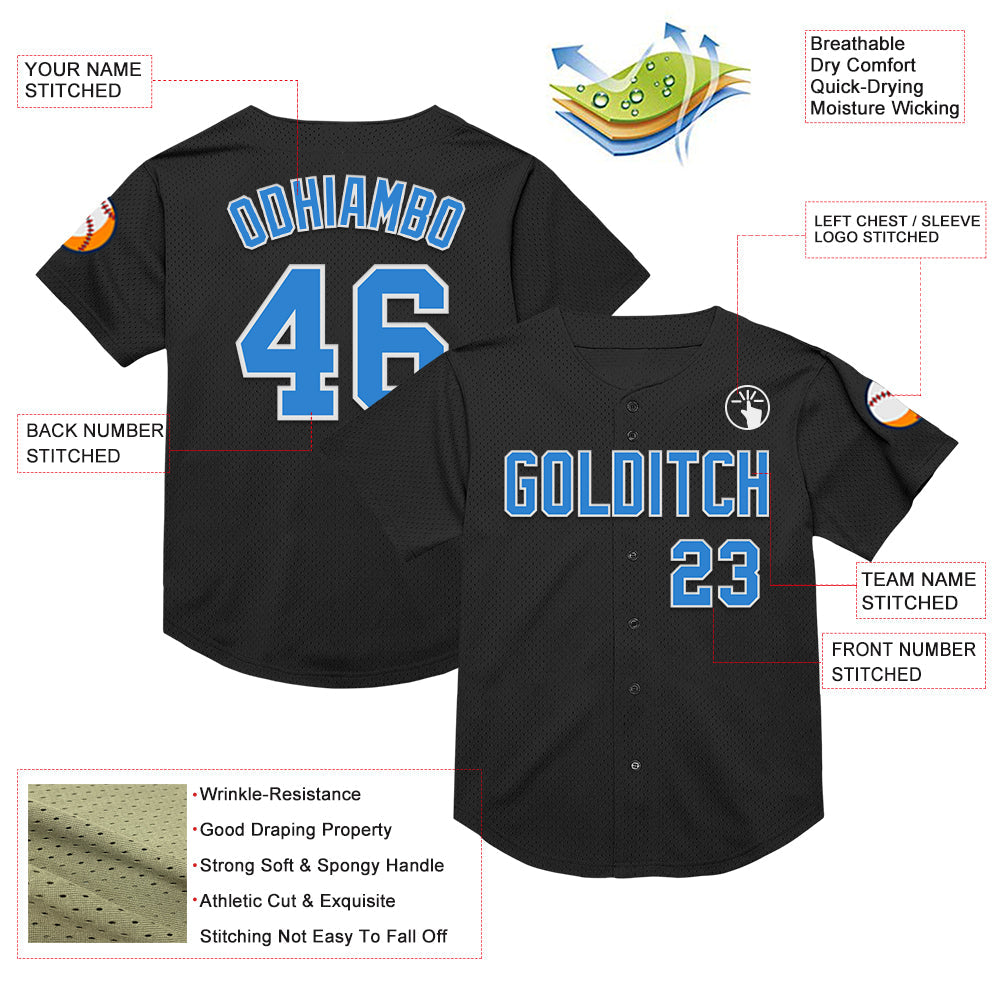 Custom Black Electric Blue-White Mesh Authentic Throwback Baseball Jersey view 3