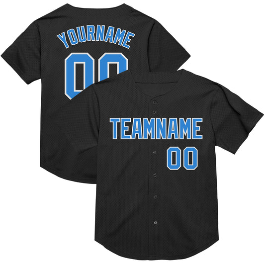 Custom Black Electric Blue-White Mesh Authentic Throwback Baseball Jersey - Main View