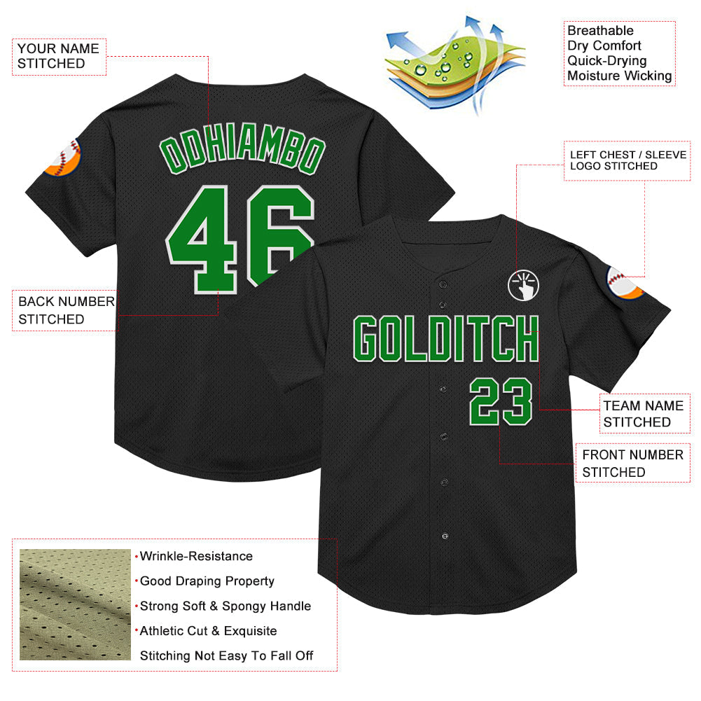 Custom Black Grass Green-White Mesh Authentic Throwback Baseball Jersey view 3