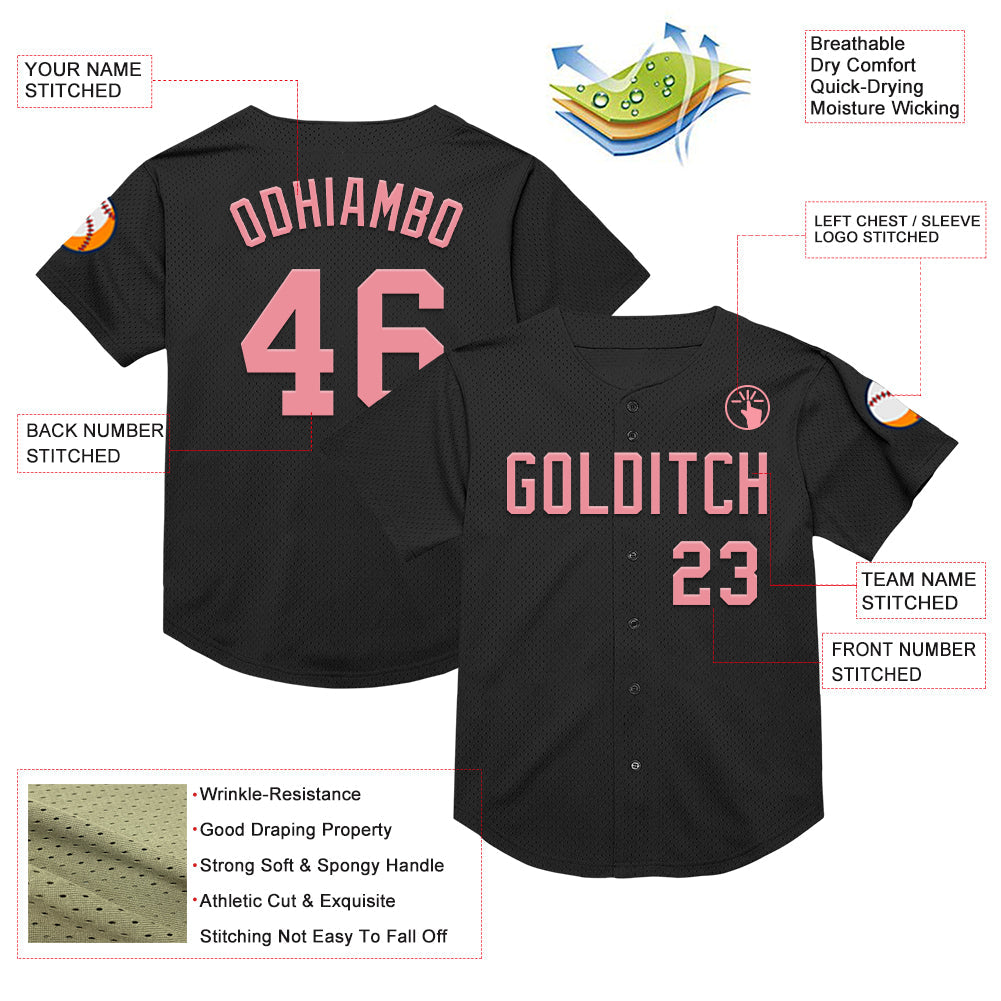 Custom Black Medium Pink Mesh Authentic Throwback Baseball Jersey view 3