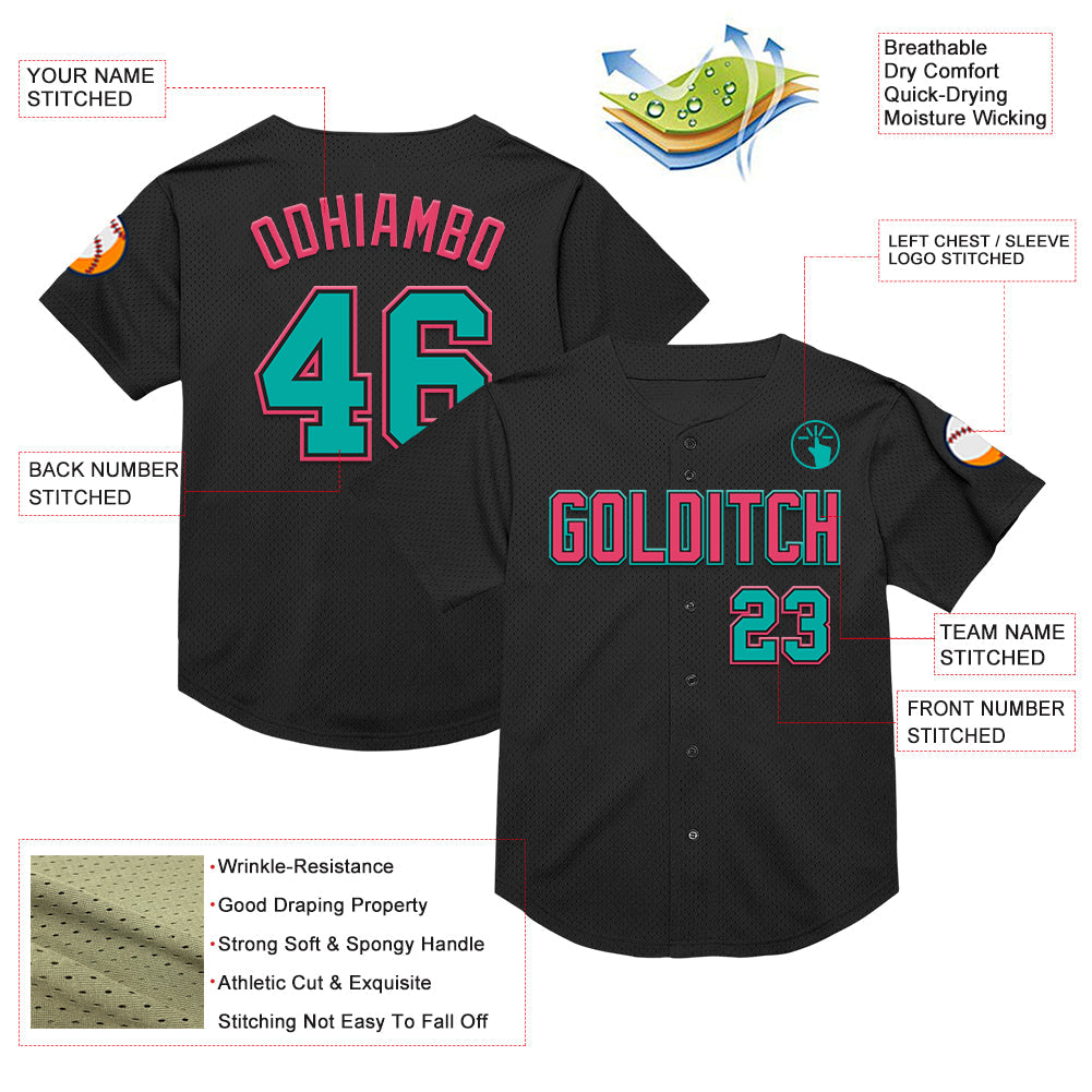 Custom Black Aqua-Neon Pink Mesh Authentic Throwback Baseball Jersey view 3
