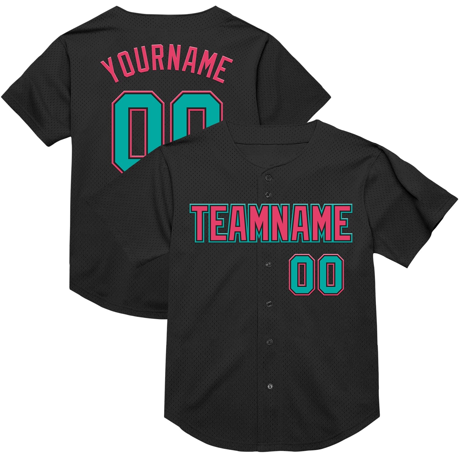 Custom Black Aqua-Neon Pink Mesh Authentic Throwback Baseball Jersey - Main View