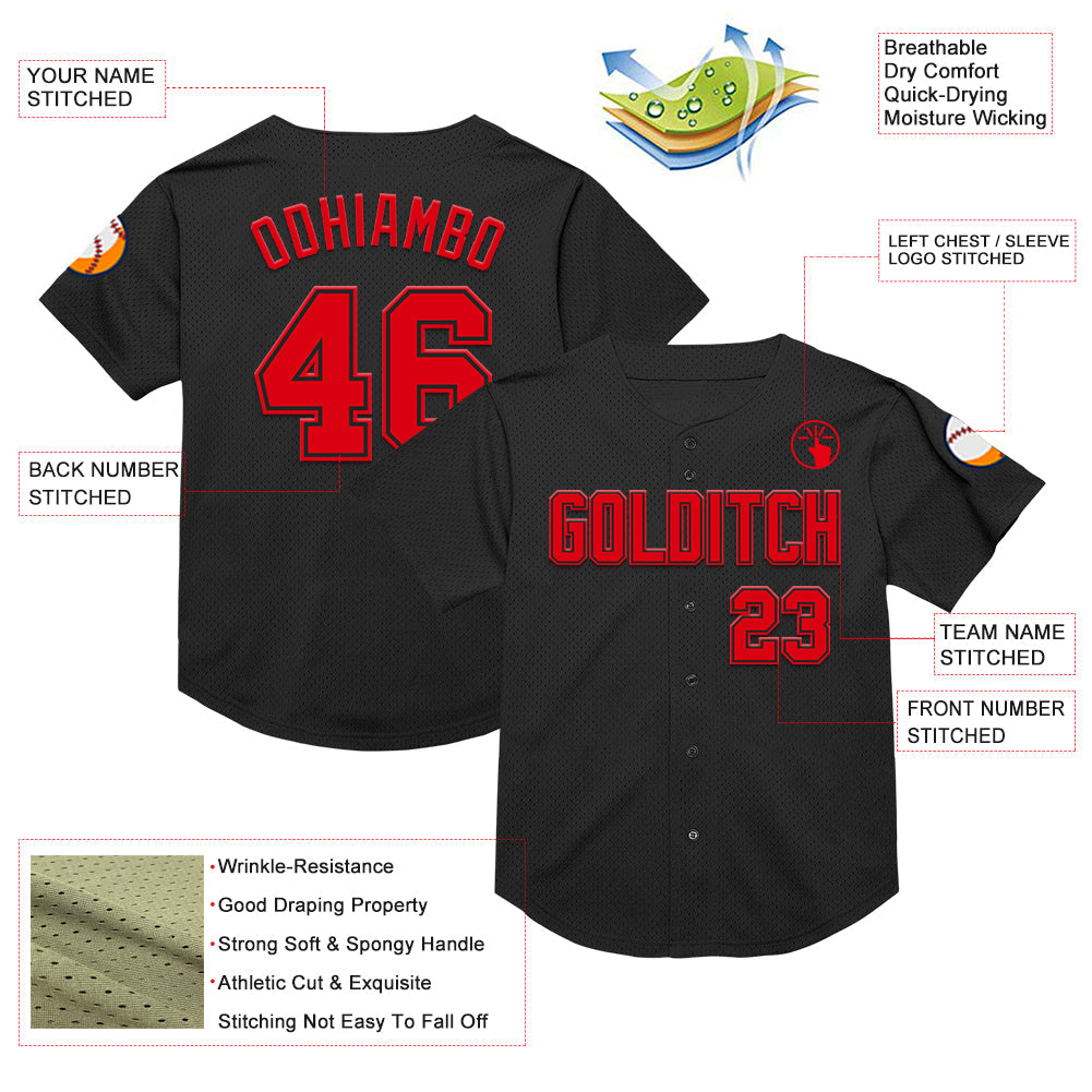 Custom Black Fire Red Mesh Authentic Throwback Baseball Jersey view 3