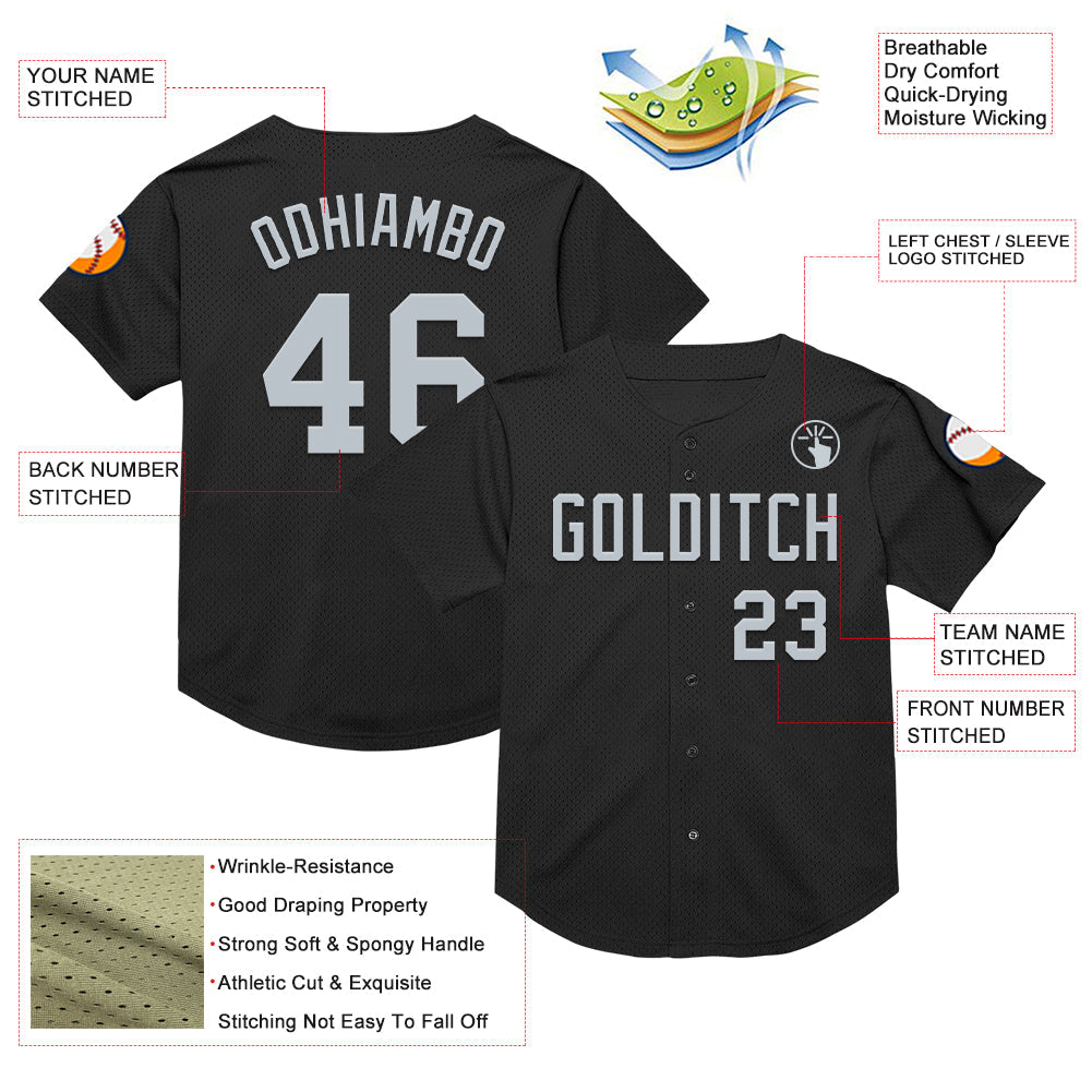 Custom Black Silver Mesh Authentic Throwback Baseball Jersey view 3