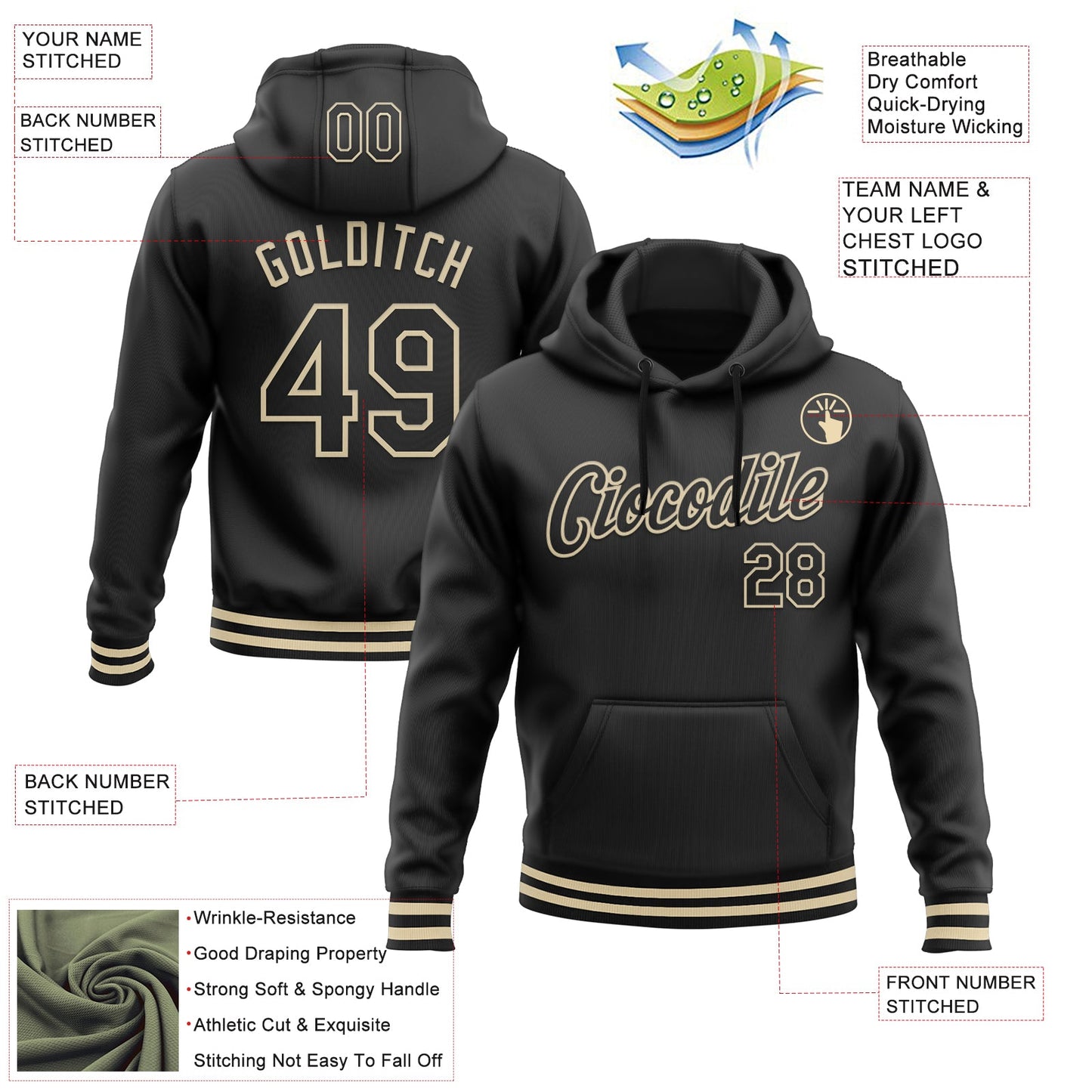 Custom Stitched Black Cream Sports Pullover Sweatshirt Hoodie view 3