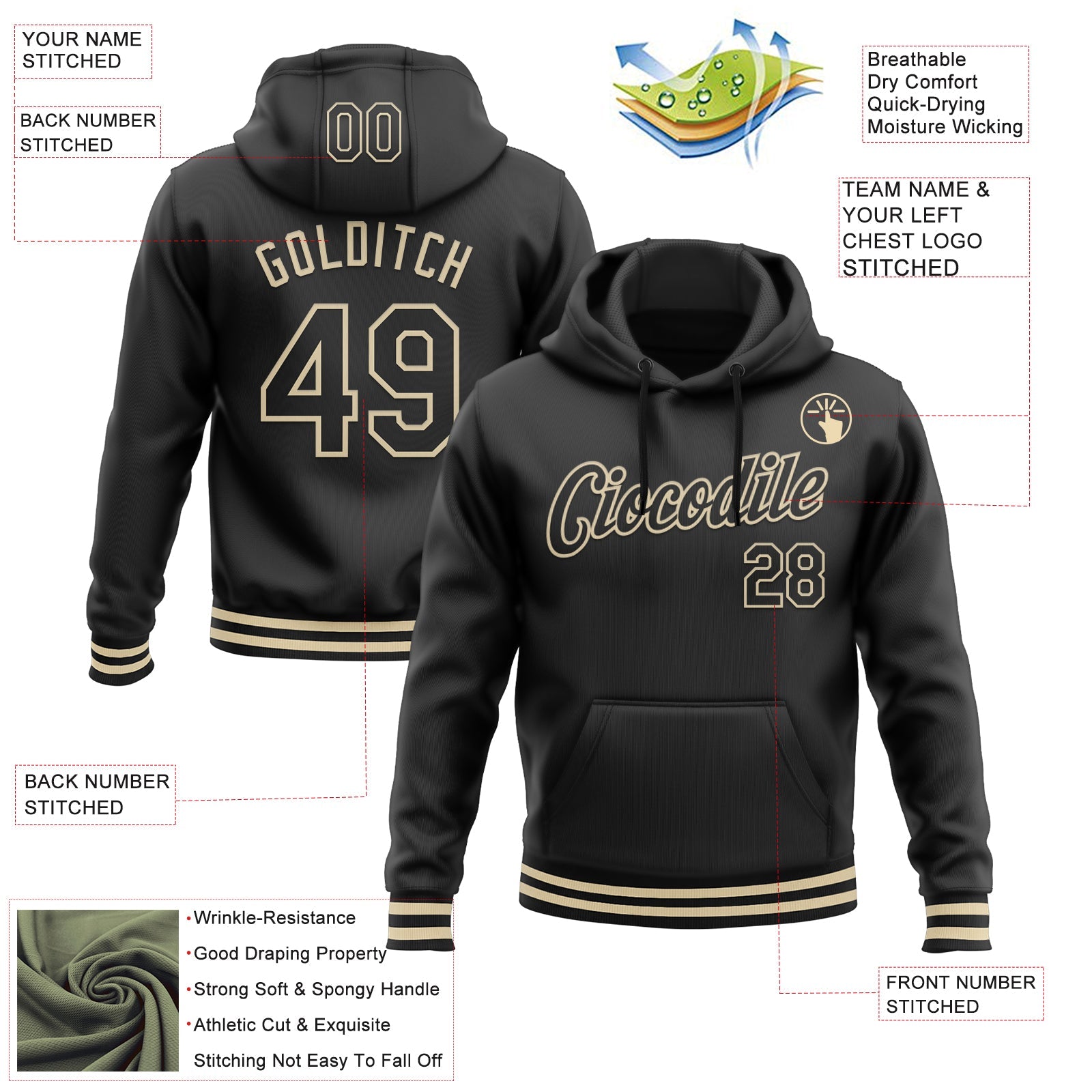 Custom Stitched Black Cream Sports Pullover Sweatshirt Hoodie view 3
