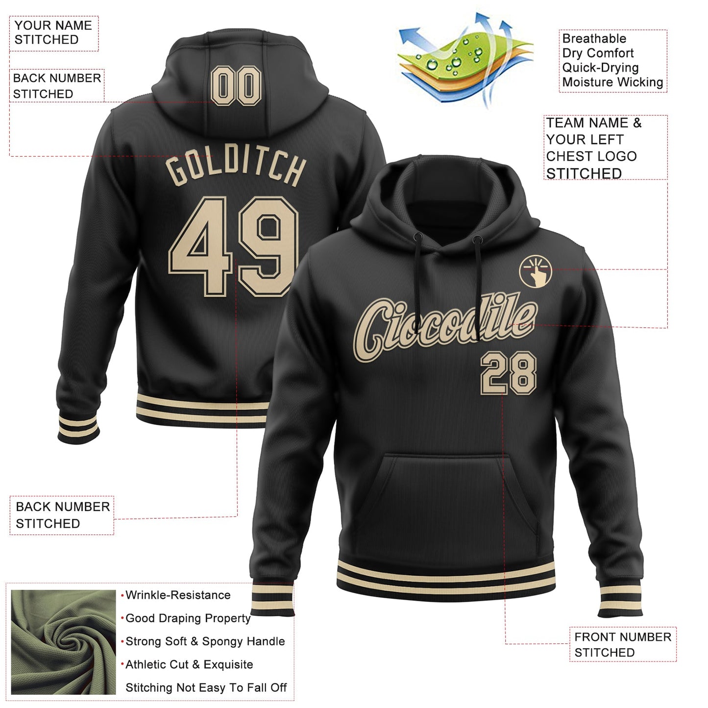 Custom Stitched Black Cream Sports Pullover Sweatshirt Hoodie view 3