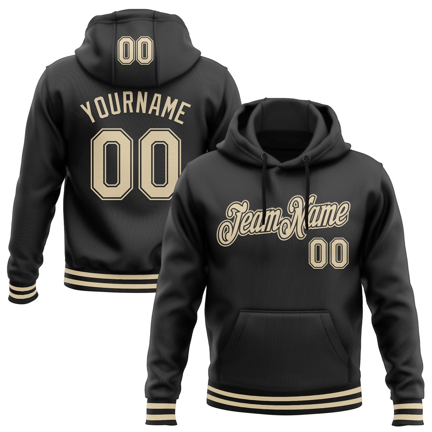 Custom Stitched Black Cream Sports Pullover Sweatshirt Hoodie - Main View