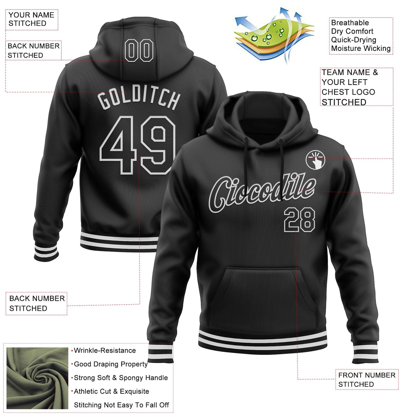 Custom Stitched Black White Sports Pullover Sweatshirt Hoodie view 3