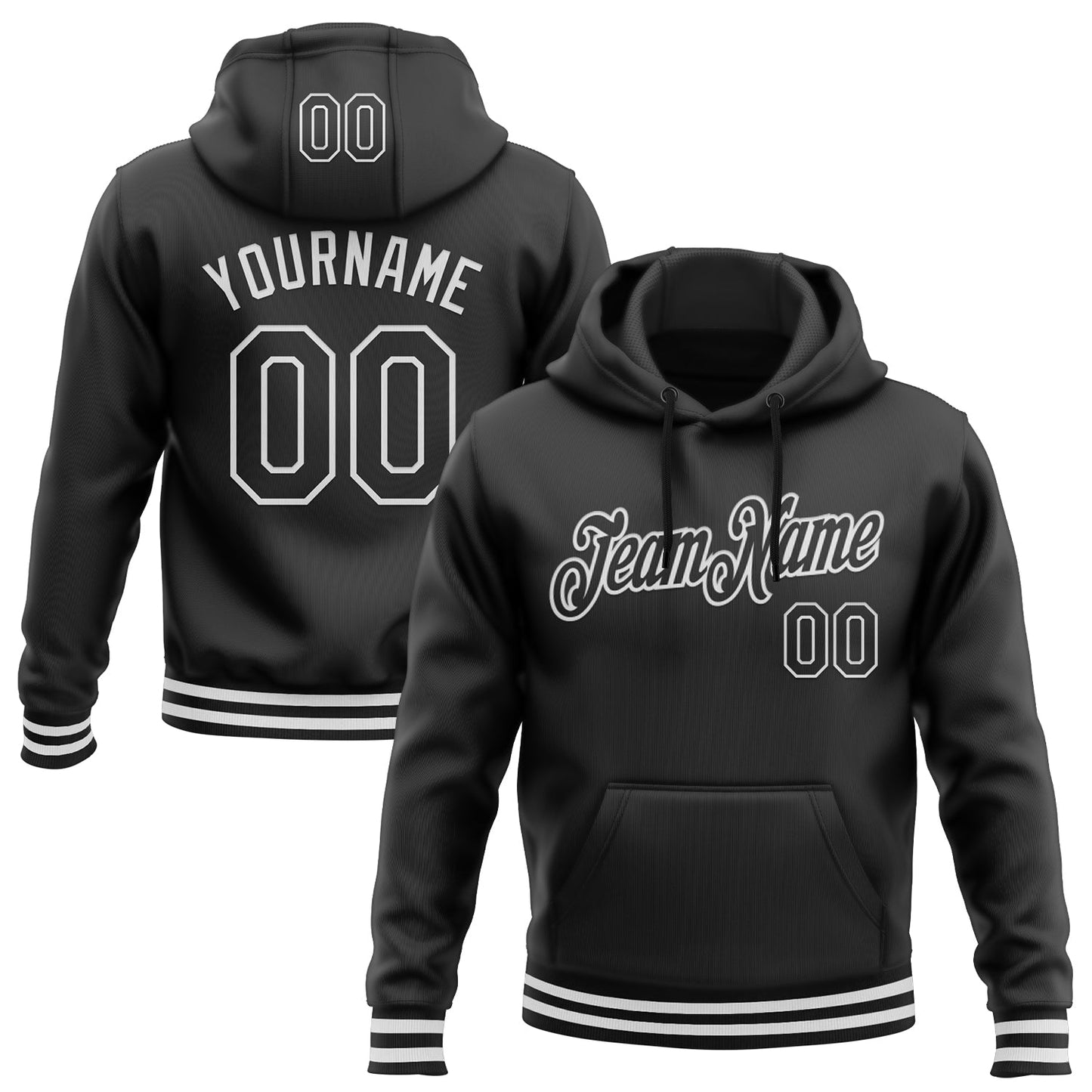 Custom Stitched Black White Sports Pullover Sweatshirt Hoodie - Main View