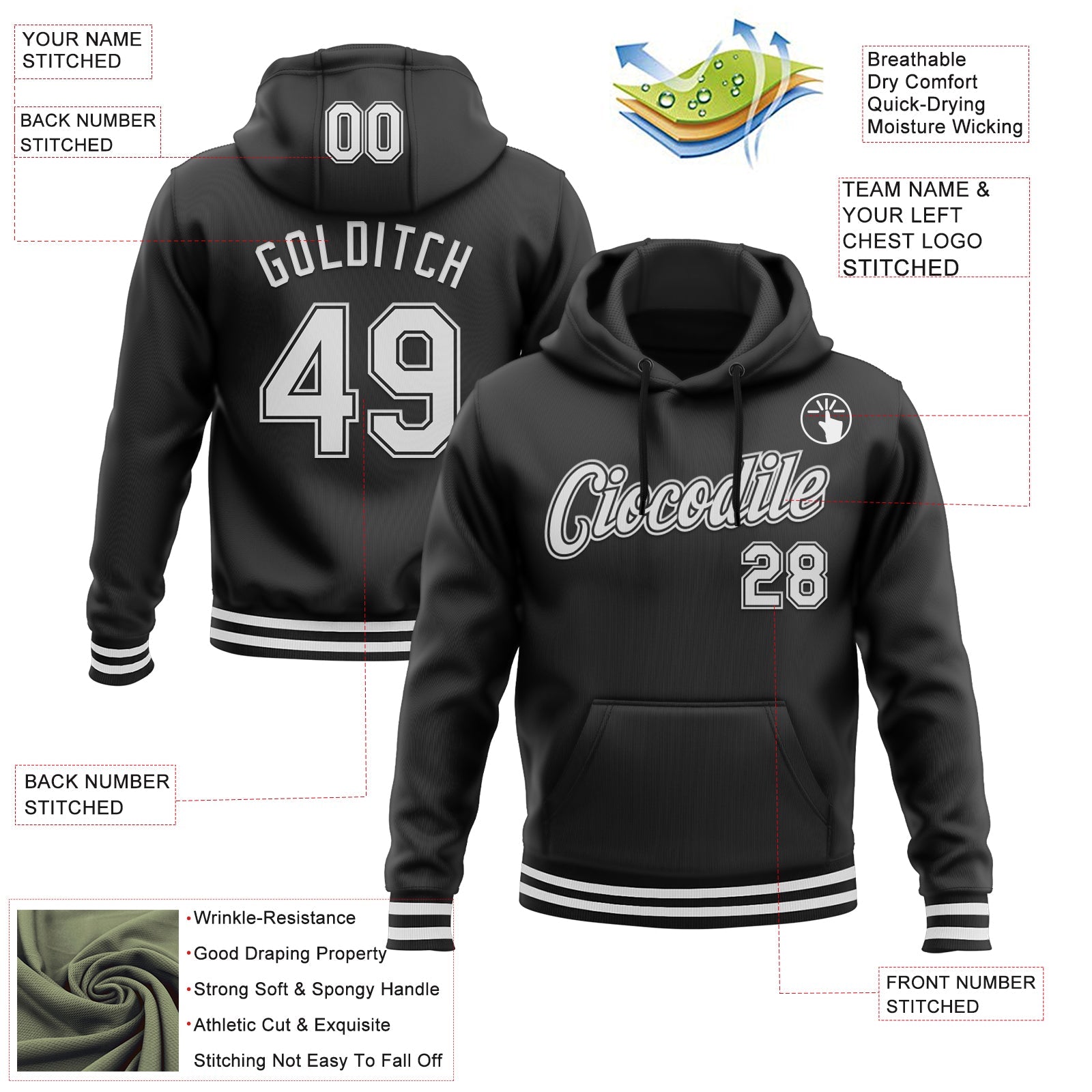 Custom Stitched Black White Sports Pullover Sweatshirt Hoodie view 3