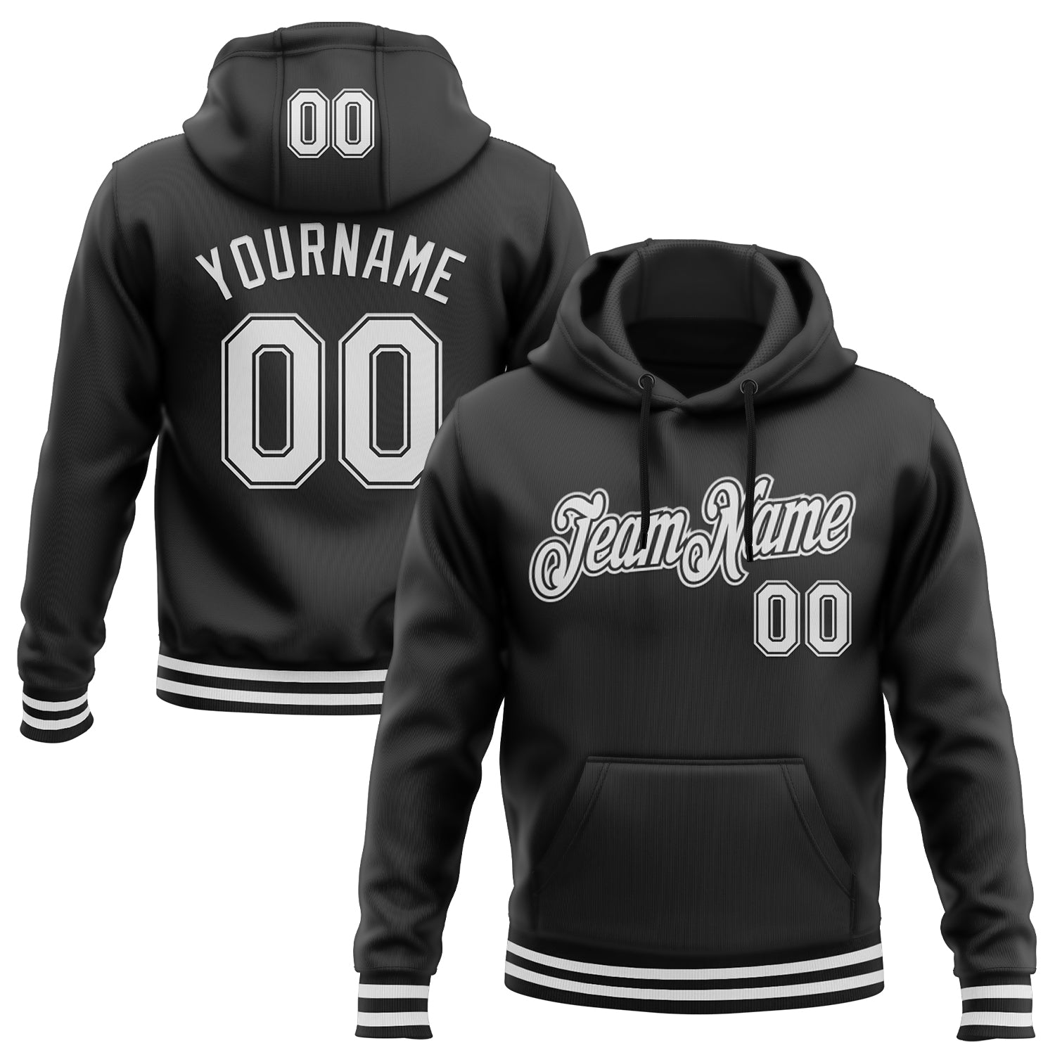 Custom Stitched Black White Sports Pullover Sweatshirt Hoodie - Main View
