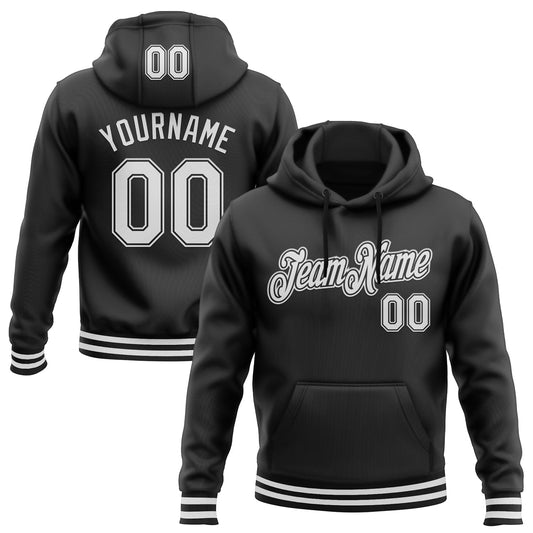 Custom Stitched Black White Sports Pullover Sweatshirt Hoodie - Main View