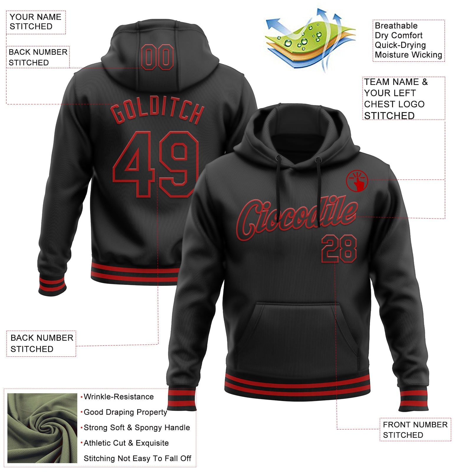 Custom Stitched Black Red Sports Pullover Sweatshirt Hoodie view 3