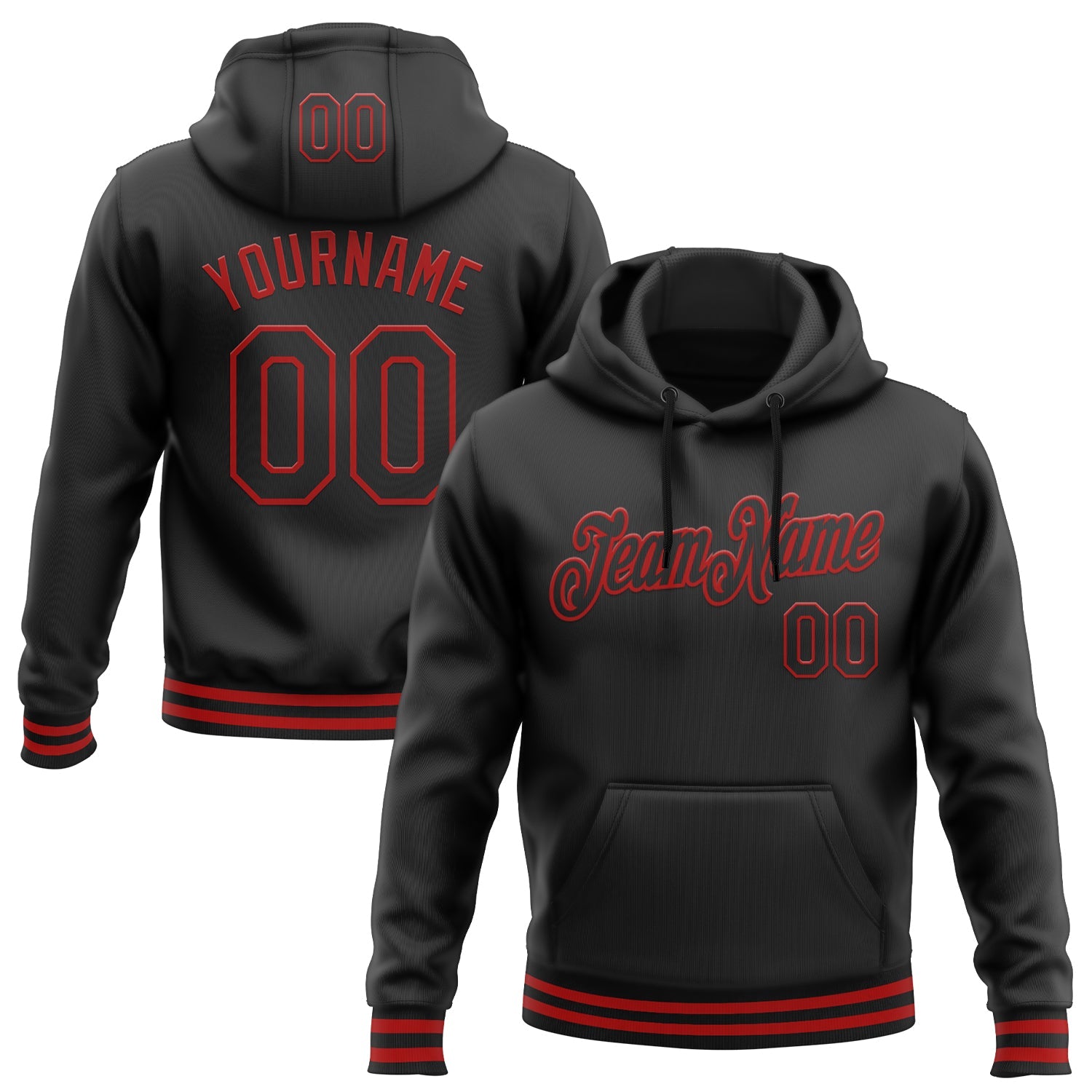 Custom Stitched Black Red Sports Pullover Sweatshirt Hoodie - Main View