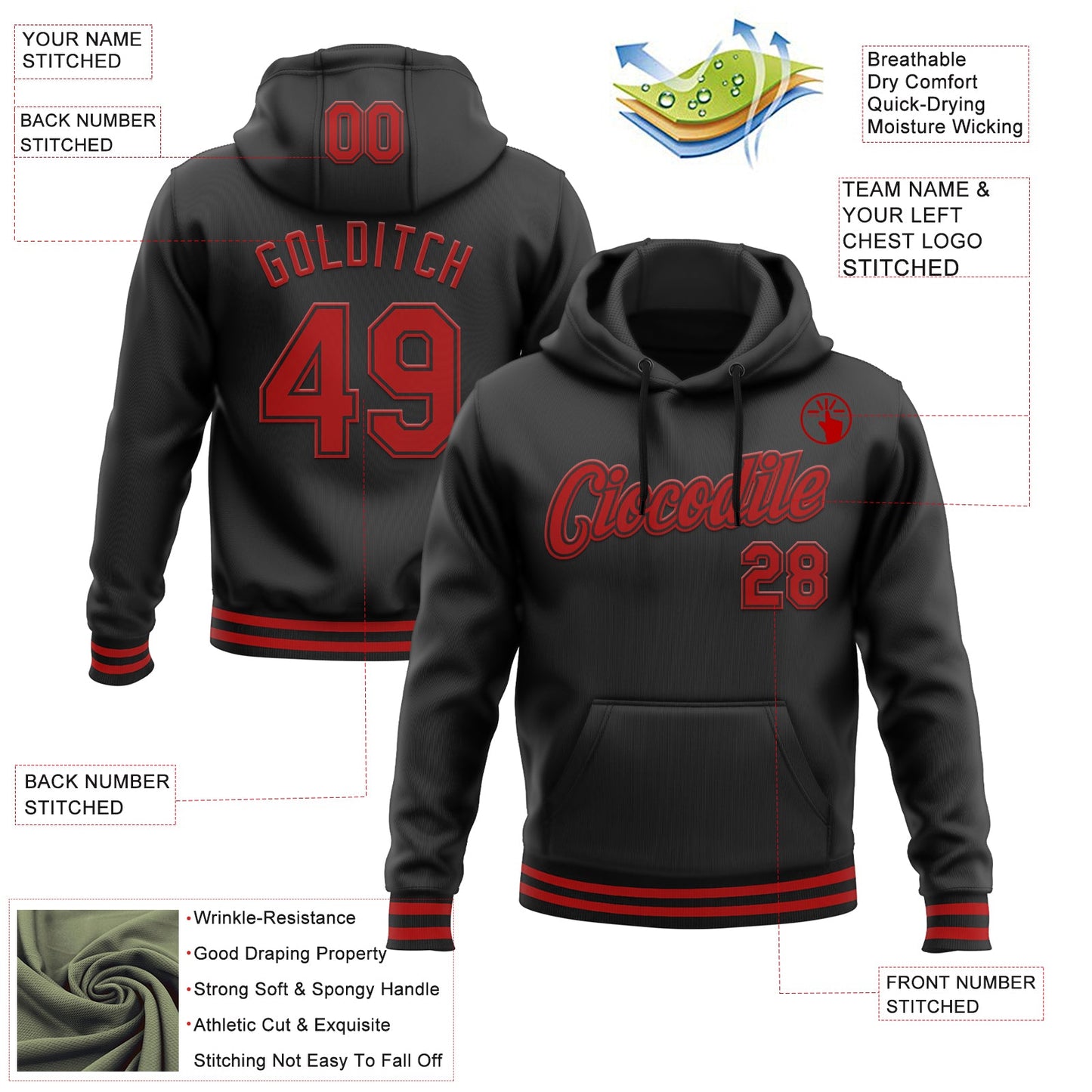 Custom Stitched Black Red Sports Pullover Sweatshirt Hoodie view 3