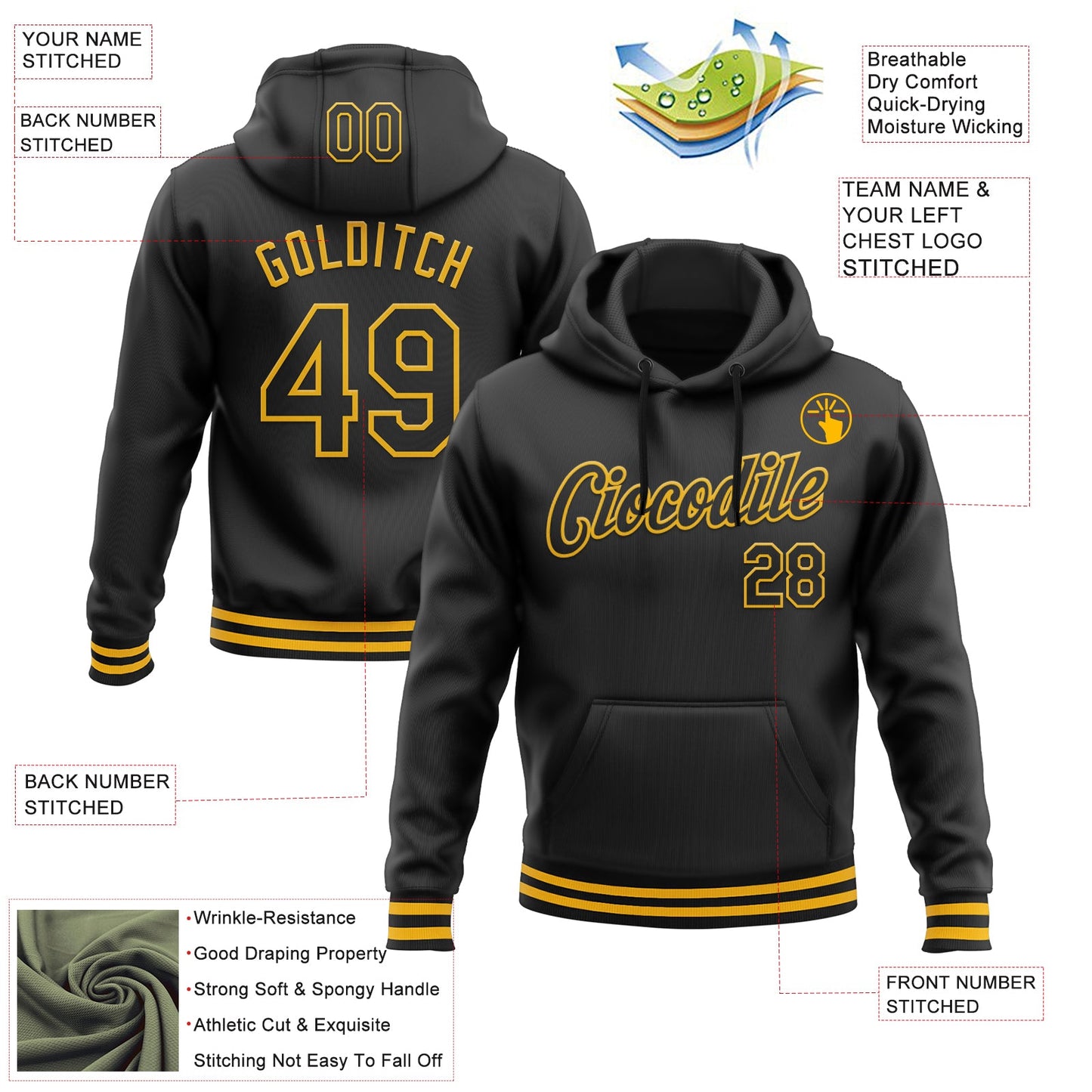Custom Stitched Black Gold Sports Pullover Sweatshirt Hoodie view 3