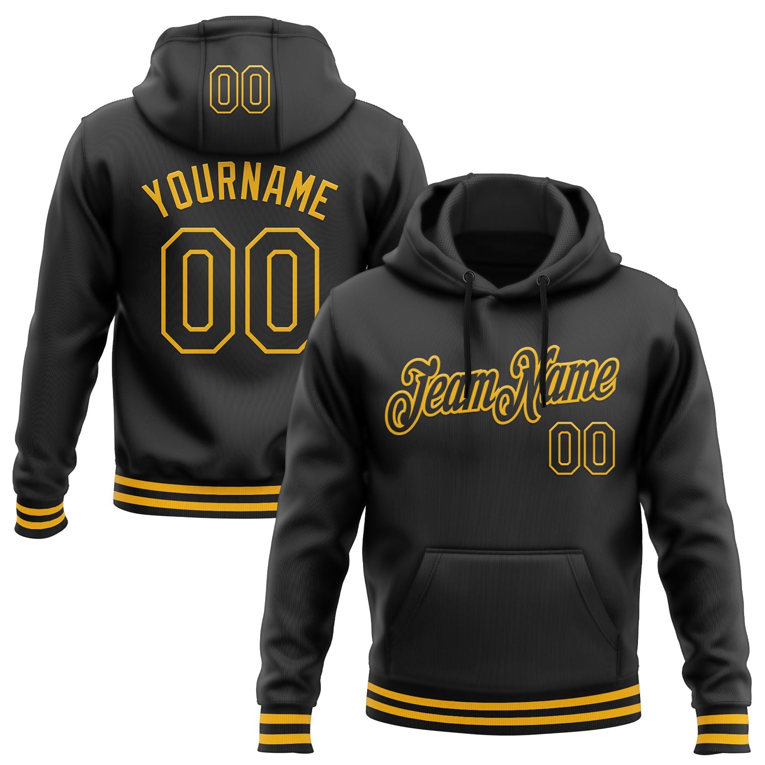 Custom Stitched Black Gold Sports Pullover Sweatshirt Hoodie - Main View